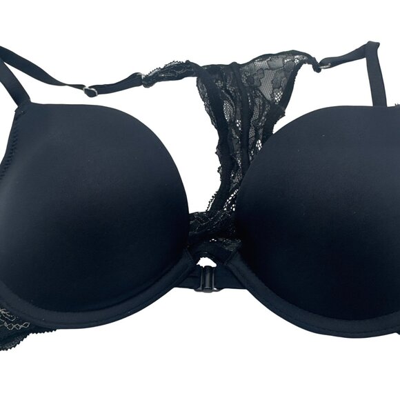 Candies Lace Racerback Bra Front Hook Closure Black Padded Style Size 34B - Picture 2 of 4